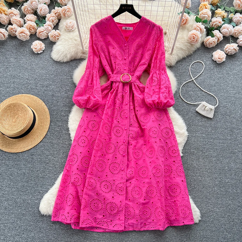 

Croysier Women Dresses V Neck Openwork Embroidery Midi Dress With Belt Front Buttoned Long Lantern Sleeve Casual A Line Dress