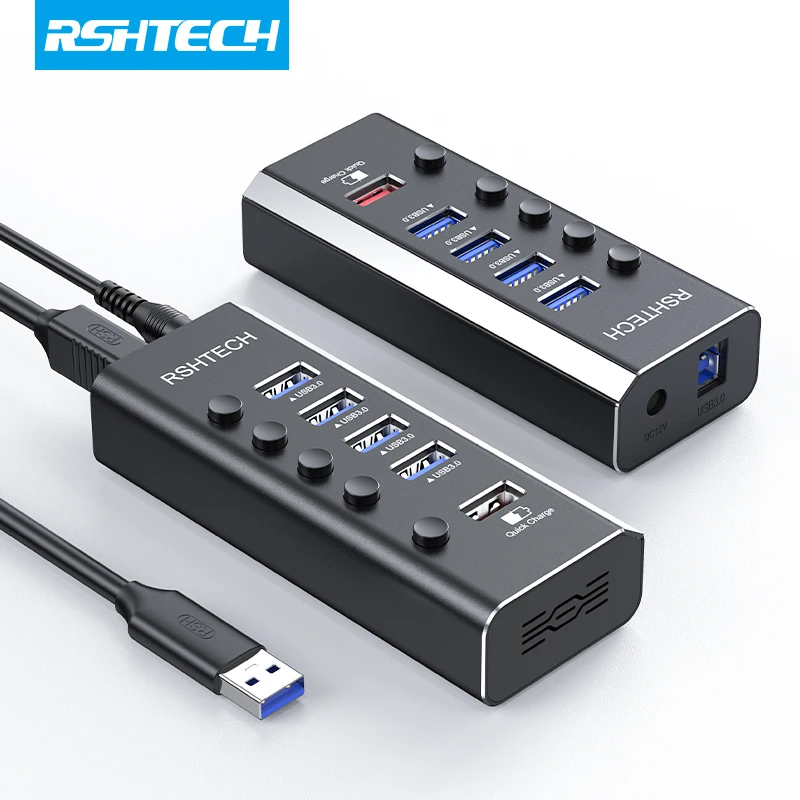 

RSHTECH USB Hub 4 Port USB 3.0 Data Hubs 5Gbps Syncing Data Transfer Support Fast Charging Aluminum USB Splitter with Switches