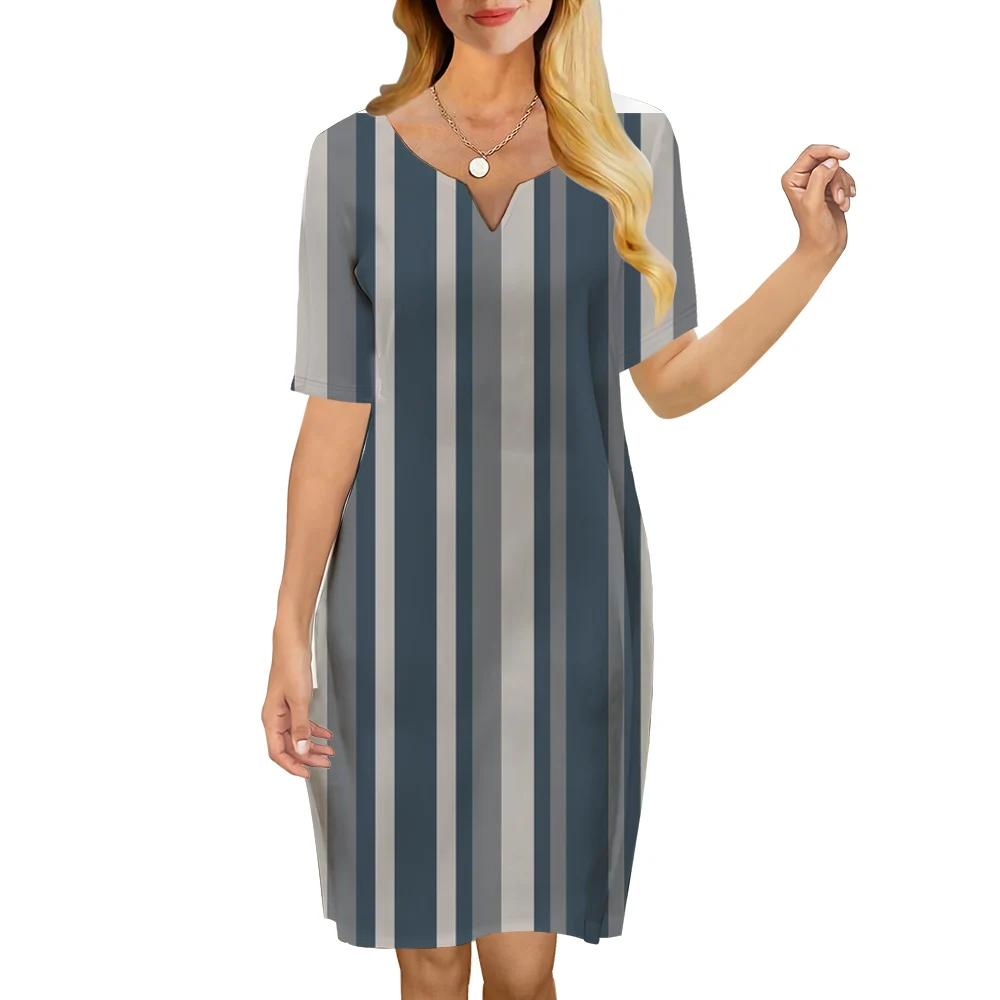 

CLOOCL Women Dress Retro Vertical Stripes 3D Printed V-Neck Loose Casual Short Sleeve Shift Dress for Female Dresses Summer