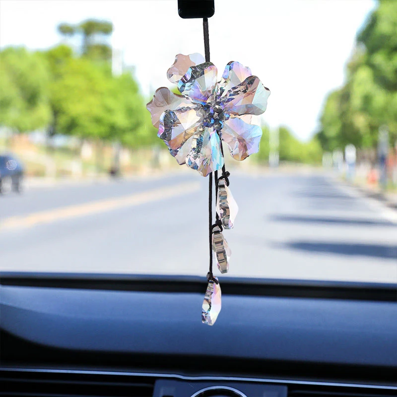 

Crystal Flower Car Pendant Sun Catcher Feng Shui Hanging Decor Trim Auto Suspension Rearview Mirror Accessories Auto Interior