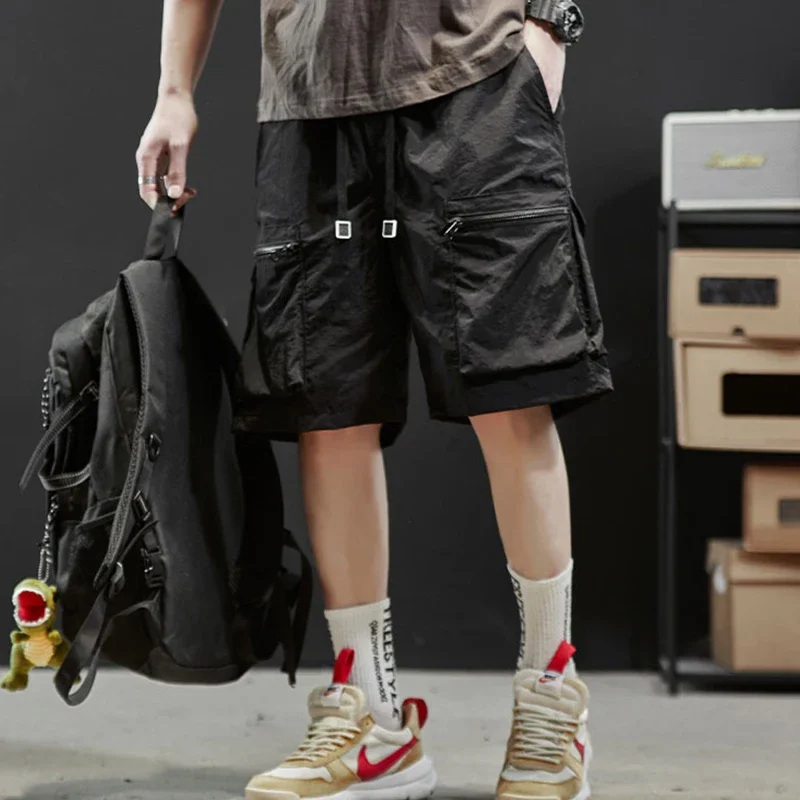 

Шорты-карго мужские из ледяного шелка, однотонные модные короткие штаны до колена, повседневные бермуды с кулиской для работы, лето 2024