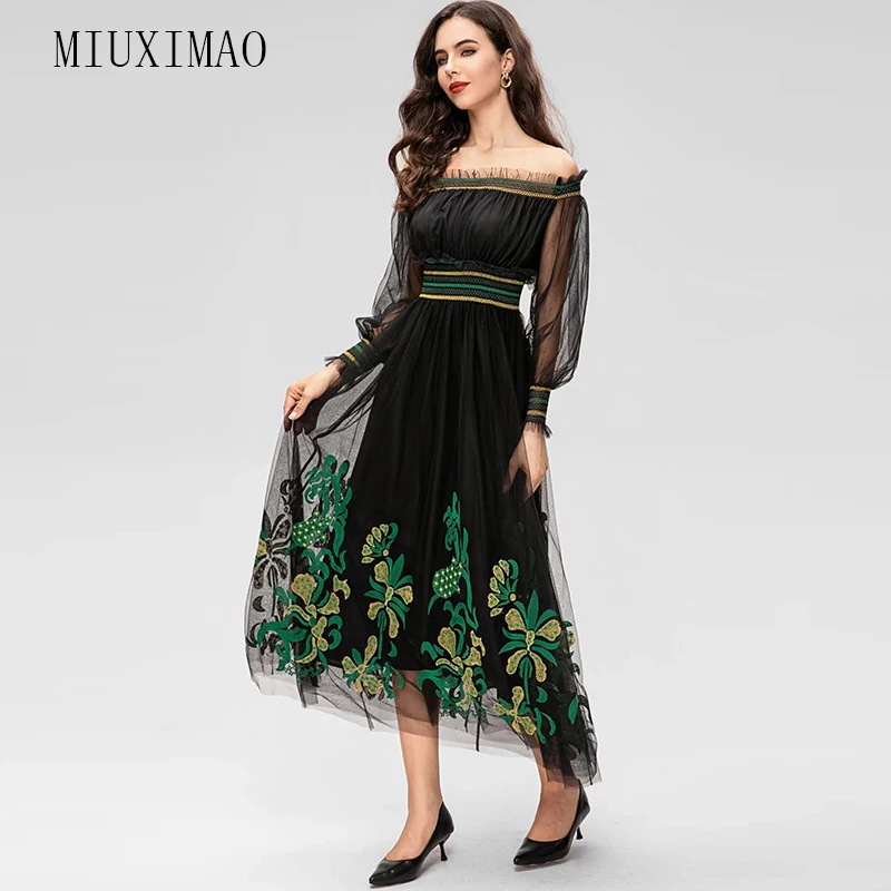 MIUXIMAO 2023 Spring&Summer Elegant Long Dress Full Sleeve Slash Neck Gauze Embroidery Fashion Black Long Dress Women Vestide
MIUXIMAO 2023 Spring&Summer Elegant Long Dress Full Sleeve Slash Neck Gauze Embroidery Fashion Black Long Dress Women Vestide