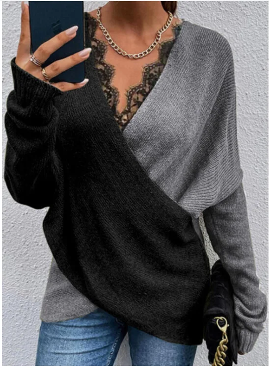 2023 Autumn Lace V-Neck Sweater Women Loose Knitting Sweater Oversized Pullover Color Matching Irregular Vintage Sweaters Female
2023 Autumn Lace V-Neck Sweater Women Loose Knitting Sweater Oversized Pullover Color Matching Irregular Vintage Sweaters Female