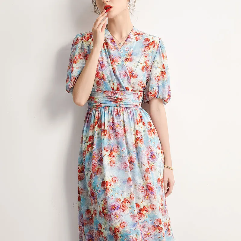 Elegant Women's Mulberry Silk Dress with Hidden Button, Puff Sleeve, Waist Back Smocking Bodycon Dress
Elegant Women's Mulberry Silk Dress with Hidden Button, Puff Sleeve, Waist Back Smocking Bodycon Dress