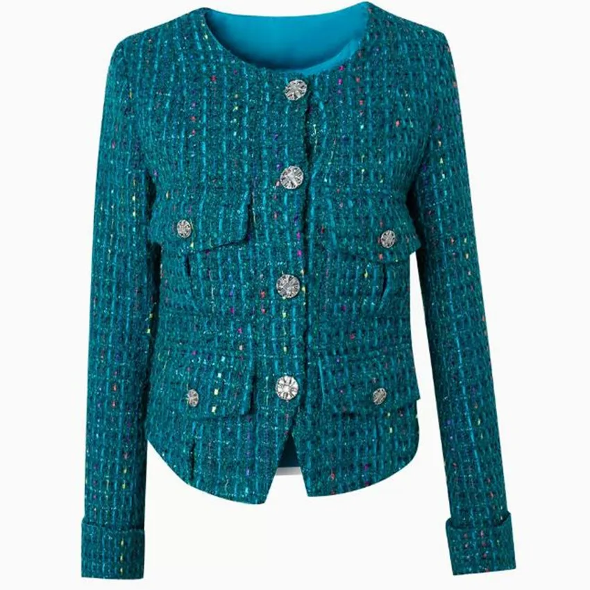French Spring Autumn Tweed Wool Jacket Women O-neck Knitting Peacock Blue Small Fragrance Short Outwear 
French Spring Autumn Tweed Wool Jacket Women O-neck Knitting Peacock Blue Small Fragrance Short Outwear