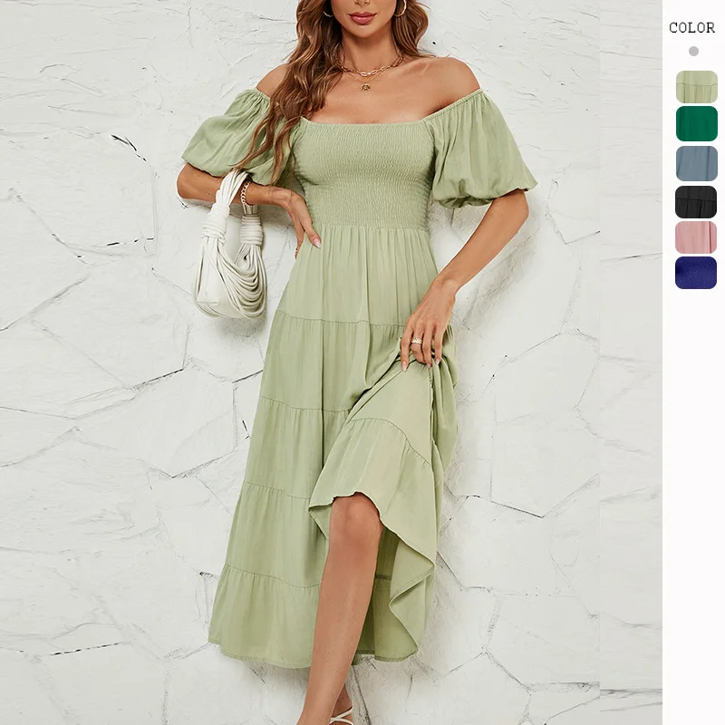 

Real time shooting of 2024 Amazon European and American women's clothing summer solid color high waisted bubble sleeve waist