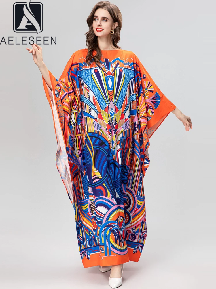 

AELESEEN Women Loose Style Long Dress Autumn Batwing Sleeve Contrast Color Print Geometric Long Casual Robe Vestidos