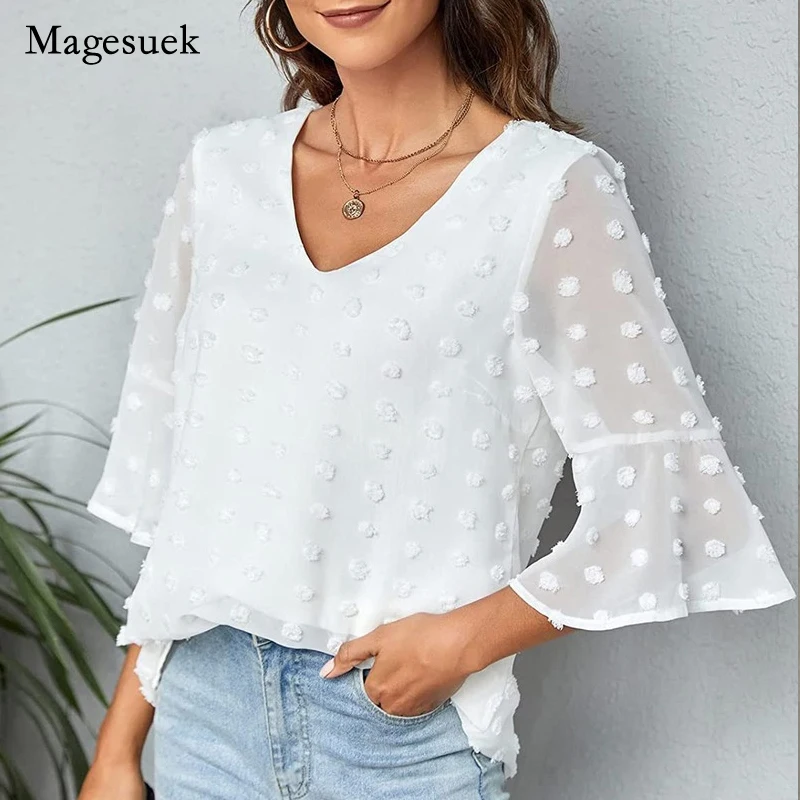 

Summer New Women's Lace Chiffon Shirt Sweet V-neck Flare Sleeve Splicing Blouse Casual OL Short Sleeve Cute Shirt Blusas 19911