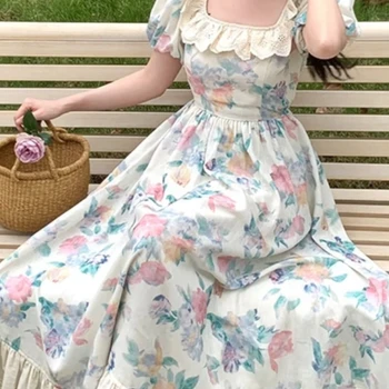 Uma Elegância Atemporal: Descubra o Conjunto Vestido de Cetim Elegante 7 Floral Print France Sweet Dress Women Patchwork Vintage Midi Dress Female Ruffle Flounce Korean Fashion Elegant Party Dress 2023