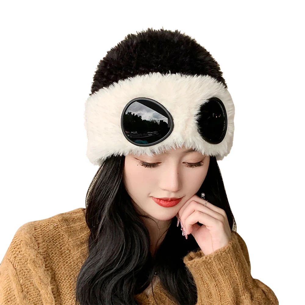 

Women Autumn Winter Furry Beanie with Wind Goggles Girls Soft Plush Hat Cold Weather Keep Warm Knitted Cap Wholesale Drop Ship