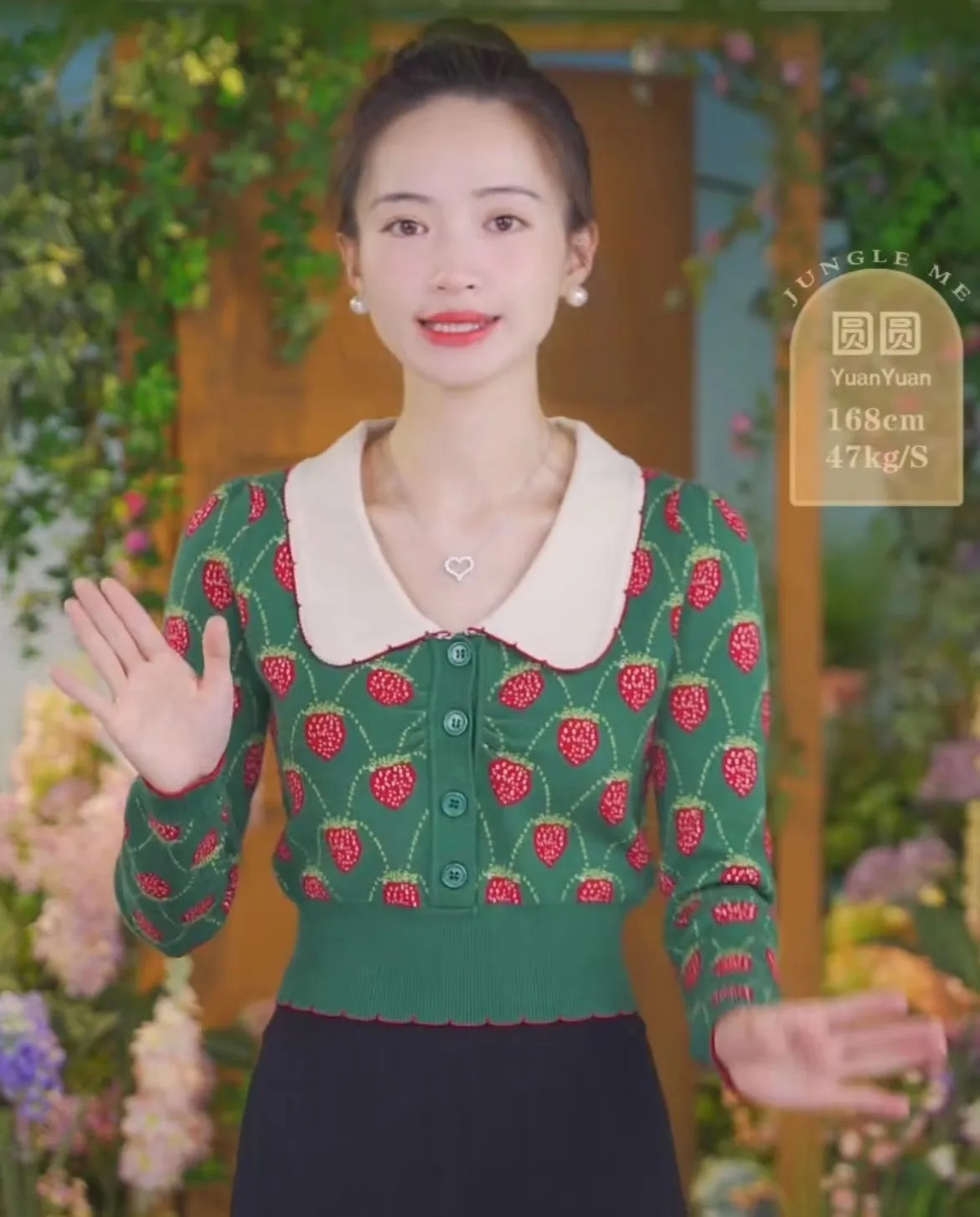 

Green Strawberry Jacquard Slim Sweater Crop Top Women Autumn Long Sleeve Peter Pan Collar Knit Pullover Vintage Elegant Knitwear