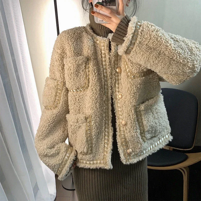 

Women Lamb Plush Jacket Winter Fur Mink Short Coat Korean Loose Thick Warm Female Harajuku Plus Size Outerwear 2022 New Trendy