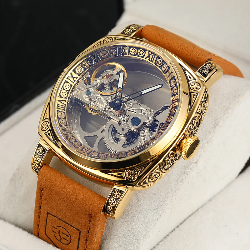 

Forsining Top Brand Mechanical Male Wristwatch Skeleton Flywheel Hollow Out Tourbillon Leather Strap Lumionous Men Watch Hotsale