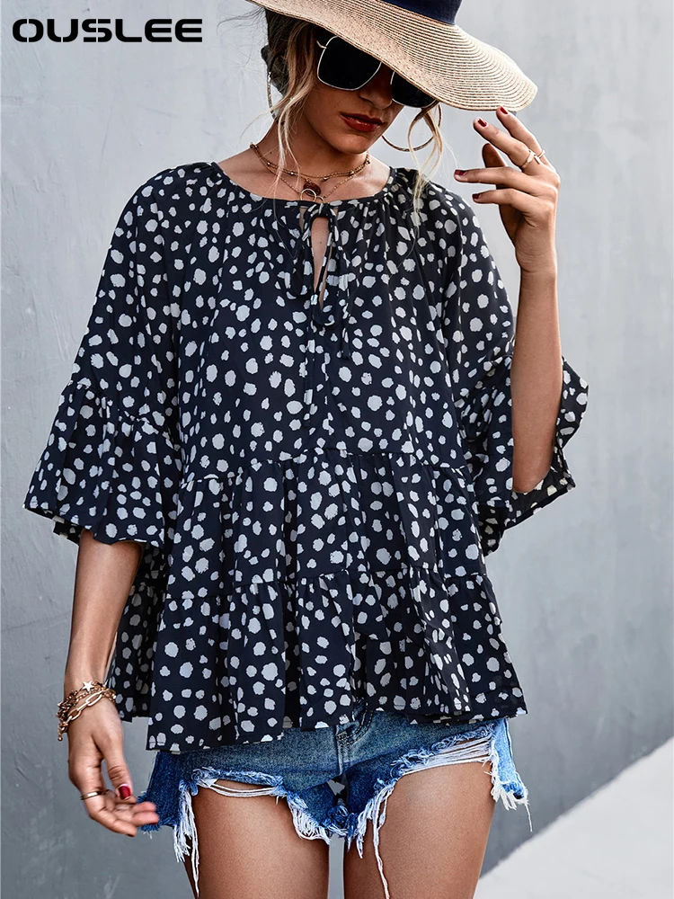 Women's V-Neck Lantern Half Sleeve Dots Print Tops, Casual Lace Up T Shirt, Elegant Ruffles Blouses, Summer
Women's V-Neck Lantern Half Sleeve Dots Print Tops, Casual Lace Up T Shirt, Elegant Ruffles Blouses, Summer