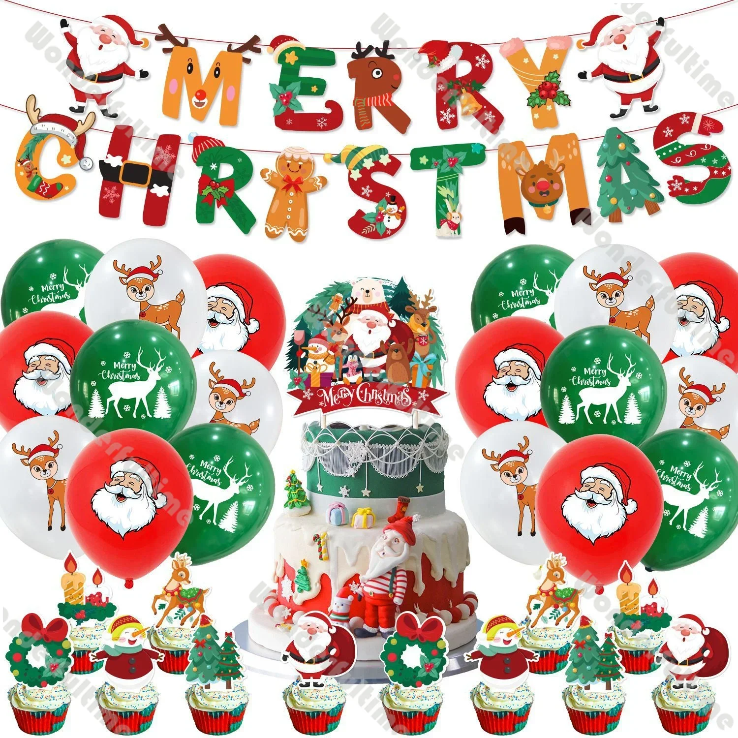 

Christmas Themed Party Decoration Merry Christmas Banner Cake Insert Set Red Green Santa Claus Snowman Balloons Kids Party Decor