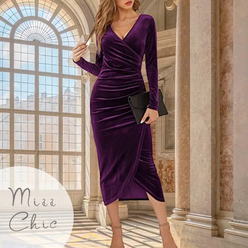 2023 Autumn Velvet Bodycon Purple Midi Dress Women Long Sleeve Ruched Slim Fit Evening Robe Female Party Cocktail Dress Dresses
2023 Autumn Velvet Bodycon Purple Midi Dress Women Long Sleeve Ruched Slim Fit Evening Robe Female Party Cocktail Dress Dresses