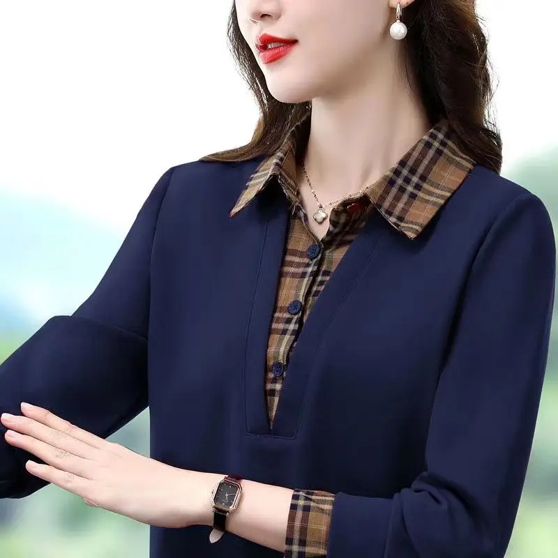 

2023 New Spring and Autumn Fashion Casual Mom's Wear Spliced Long Sleeve Temperament Polo Collar Fake Two Piece Casual Plaid Top