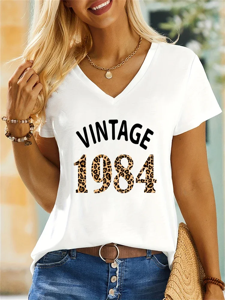 

Leopard Vintage 1984 Tshirt Print for Casual Women Clothes Short Sleeve Shirt Birthday Style Harajuku Fashion V-neck T Shirt