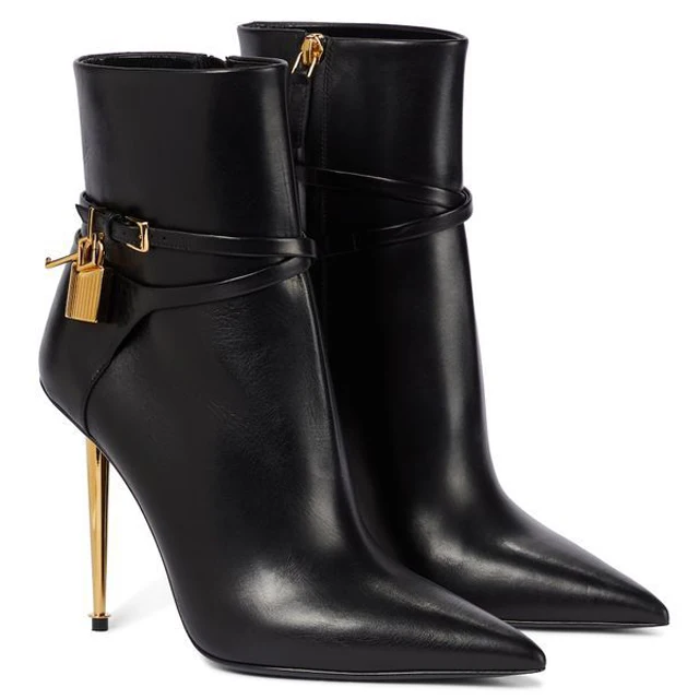 

Sexy Cross Strap Gold Padlock Ankle Boots Women Black Apricot Leather Pointed Toe 105 MM Metal Thin Heels Zipper Riding Boots