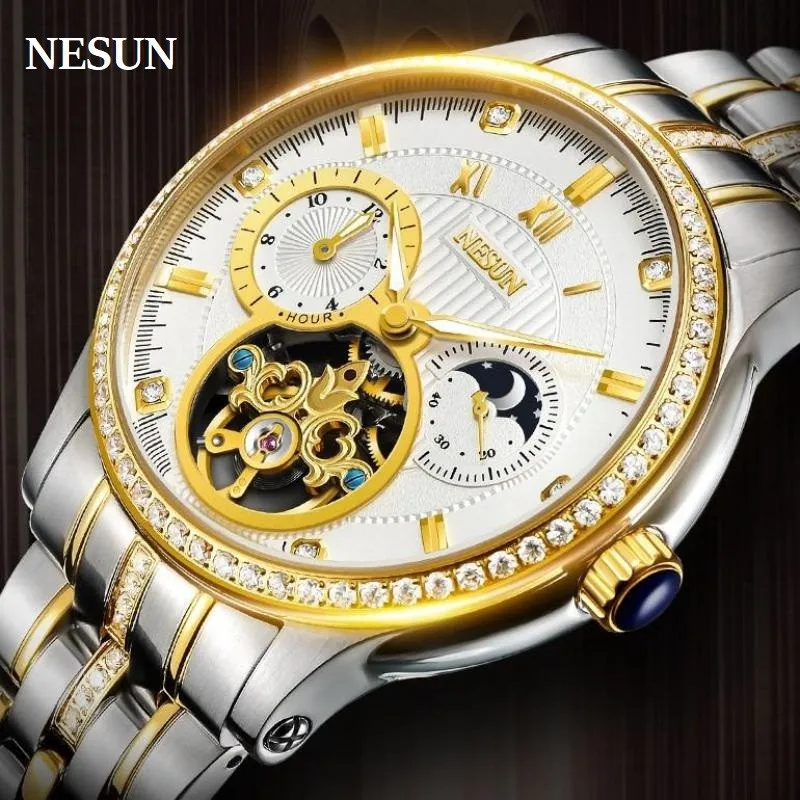 

Nesun For Men Watch Skeleton Flywheel Automatic Wristwatch Coated Glass Moon Phase Waterproof Stainless Steel Rhinstone Zegarek