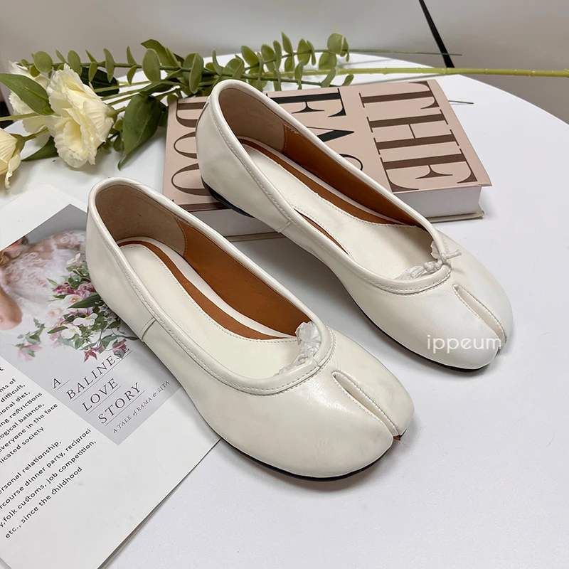 

IPPEUM Ballet Flats Plus Size 44 Split Toe Shoes White Leather Summer Fashion Women Mary Janes Ballerinas Shoes