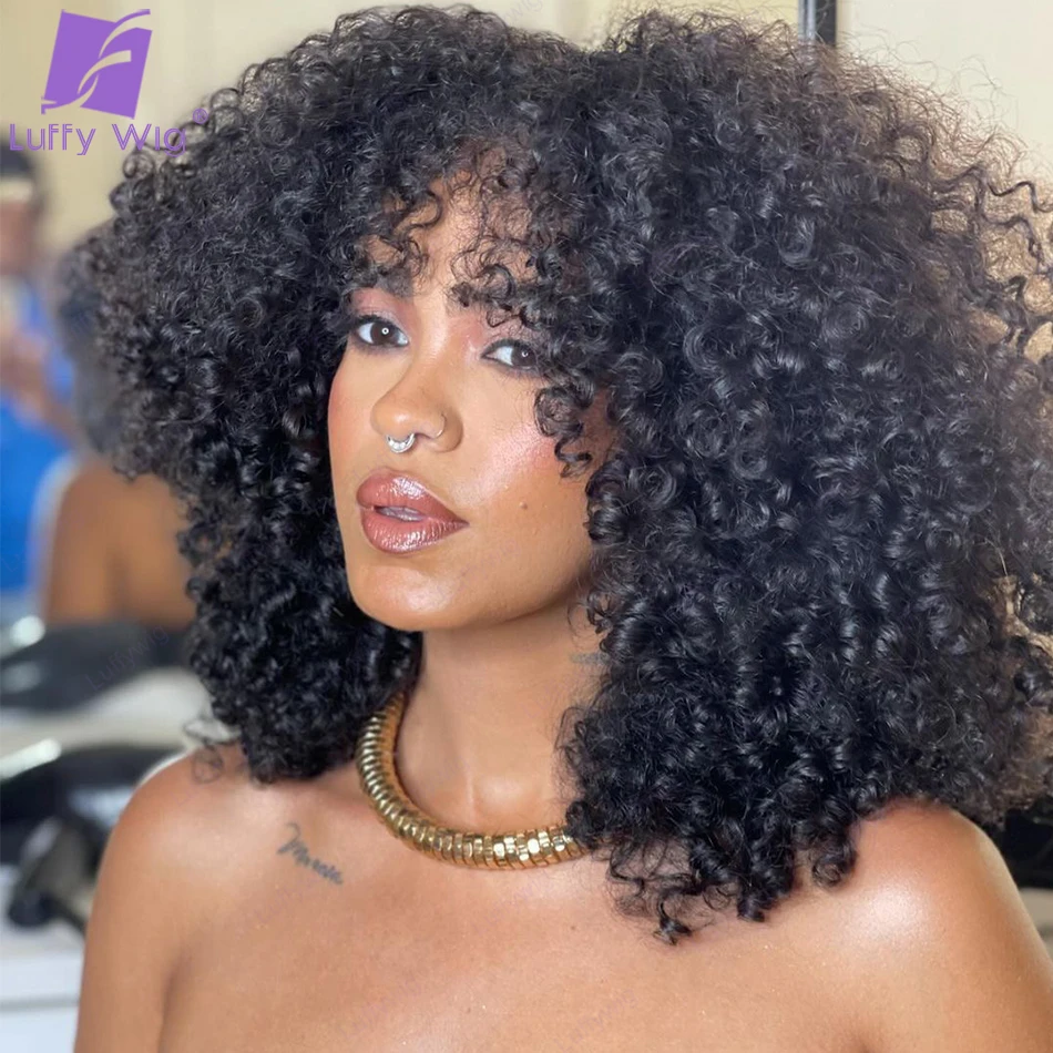 

Afro Kinky Curly Scalp Top Wig Human Hair Wig With Bangs Glueless 200 Density Brazilian Full Machine Made Scalp Top Bangs Wig