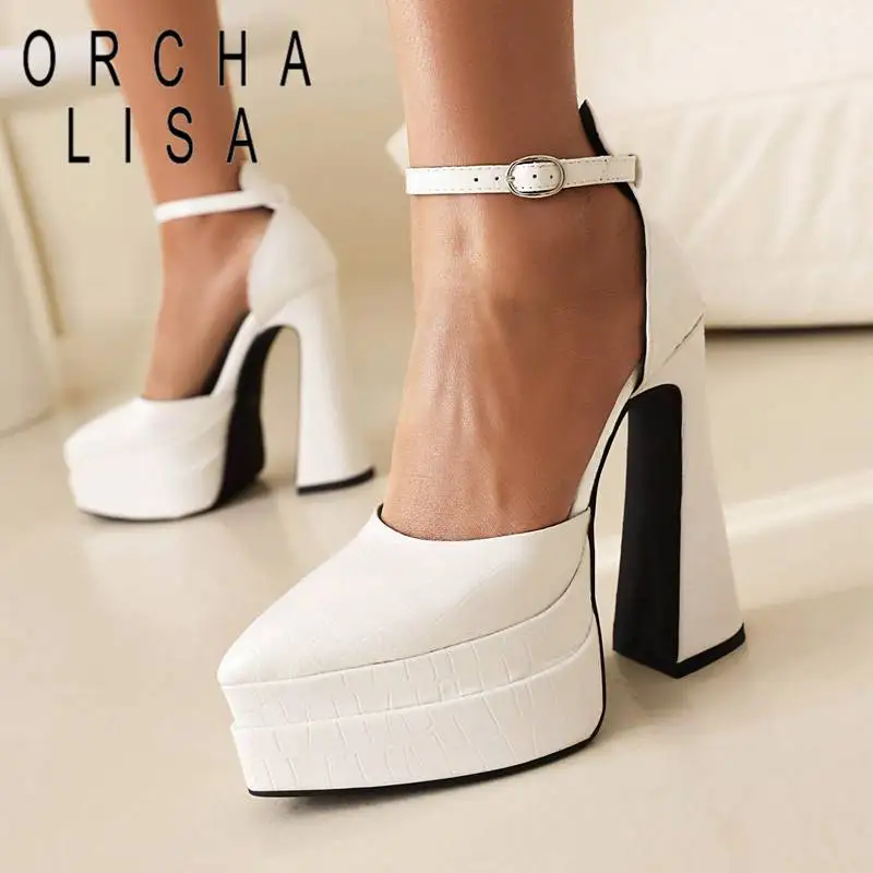 

ORCHA LISA Women Pumps Pointed Toe Chunky Heels Ultrahigh 14cm Double Platform Hill 5cm Buckle Strap Party Shoes Big Size 42 43