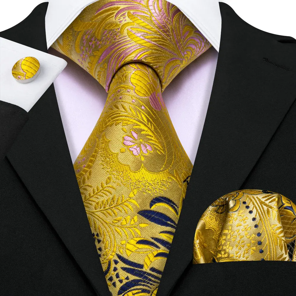 

Novelty Men Tie Floral Gold Silk Woven Suit Handkerchief Cufflinks Sets Luxury Designer Necktie For Male Wedding Barry.Wang 6641