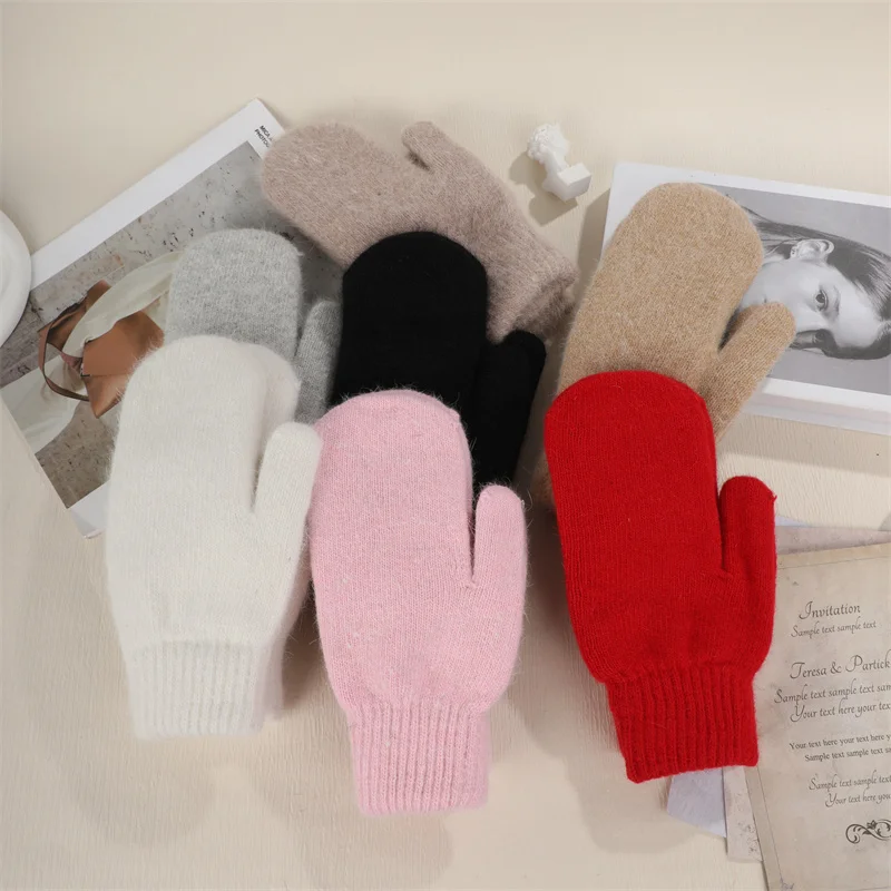 

1Pair Double-layer Rabbit Hair Gloves Female Plush Korean Solid Color All Fingers Winter Women Girls Soft Thicken Warm Mittens