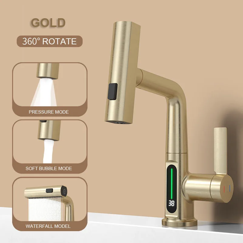 

Faucet Bathroom Basin Waterfall Pulling Lifting Tap Digital Display Lift Up Down Stream Sprayer Hot Cold Water Sink Mixer Taps
