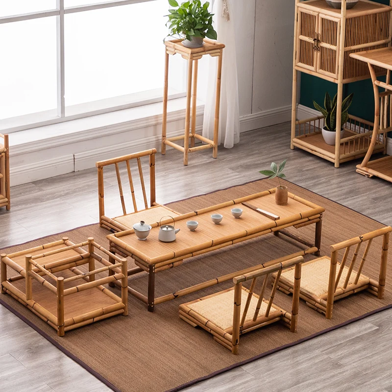 

Simple Japanese tatami table, bamboo rattan window, small coffee table, balcony, creative solid wood tea table and chair