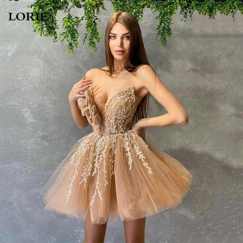 

LORIE Champagne Short Prom Dresses Strapless V Neck Lace Ruched A-Line Backless Elegant Women Party Evening Gowns Mini Dress