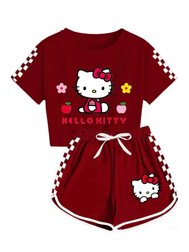 

Sanrio мультфильм рубашки шорты комплект Cinnamoroll Hello Kitty Мягкая Пижама с коротким рукавом комплект для тренажерного зала летняя спортивная одежда подарок для девочек