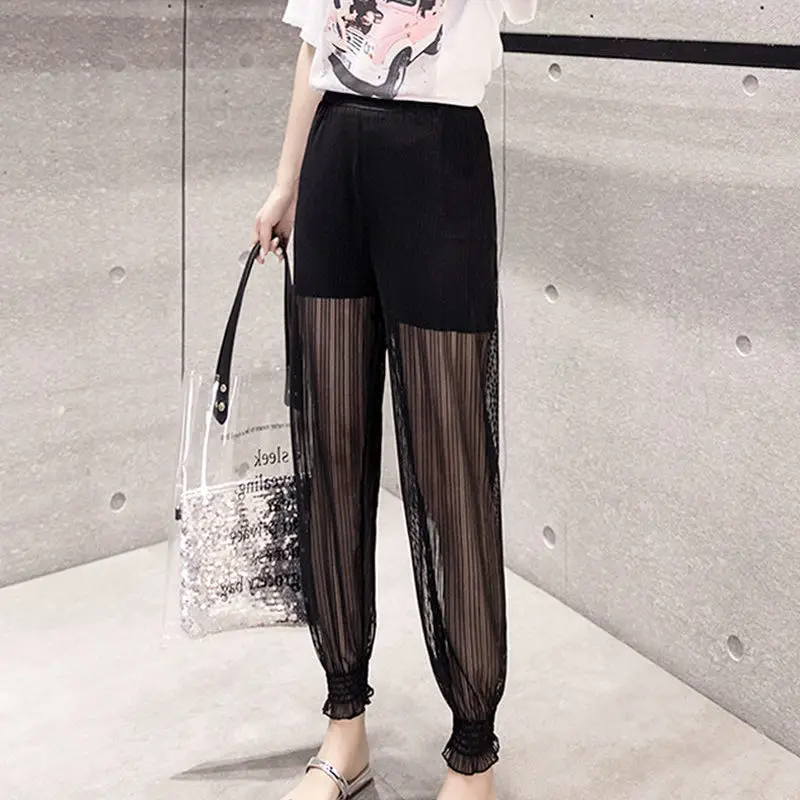 

Korean Female Clothing Gauze Cropped Pants Summer High Waist Elastic Patchwork Fashion Shirring All-match Casual Lace Trousers