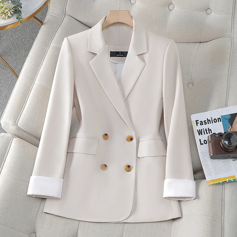 

ZJYT Long Sleeve Blazers for Women Elegant Double Breasted Casual Jacket Office Lady Work Coat Plus Size Outerwear Veste Femme