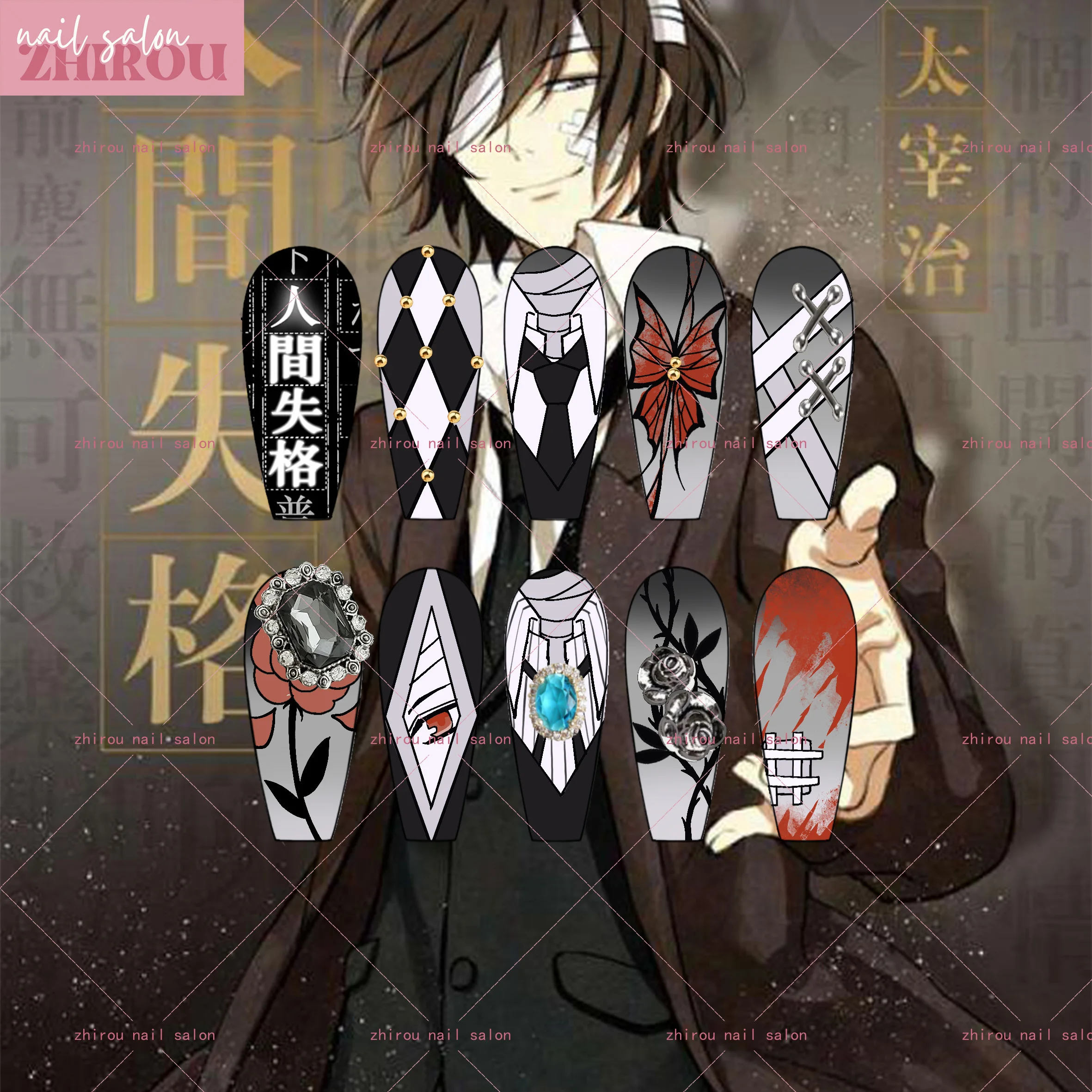 

100% Handmade Designer Anime Stray Dogs Dazai Oamus False Nail for Girl Boy Player Wearing Fake Nail Patches Jewelry