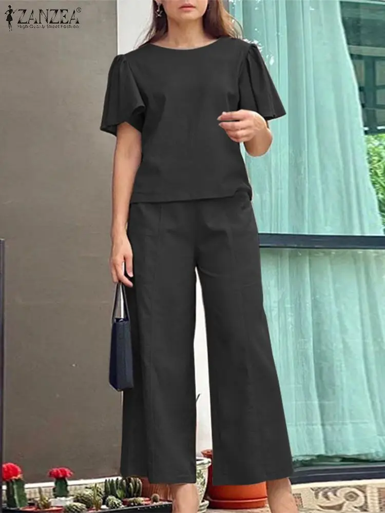 

ZANZEA Fashion Urban Tracksuit Summer Elegant Short Sleeve Blouse Wide Leg Pants Sets Solid Trousers Suits 2PCS Work Outifits