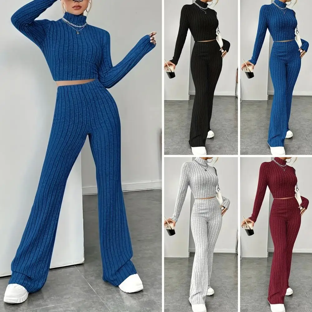 

2Pcs/Set Women Solid Knitting Outfit Turtleneck Long Sleeve Cropped Tops High Waist Flared Pants Slim Fit Ribbed Winter Outfit