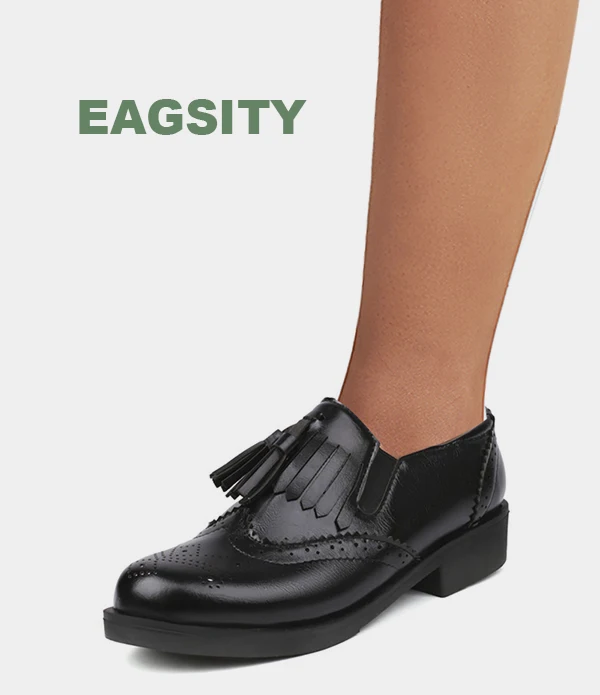 

EAGSITY tassel loafer oxford shoes women lace up brogue shoes chunky heel round toe casual fashion ladies business dress shoes