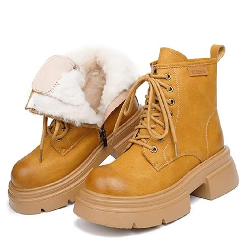 

ZXRYXGS 2024 Cross Strap Side Zipper Trend Boots Warm Plush and Wool Boots Women Cowhide Thick Soled Motorcycle Boots Snow Shoes