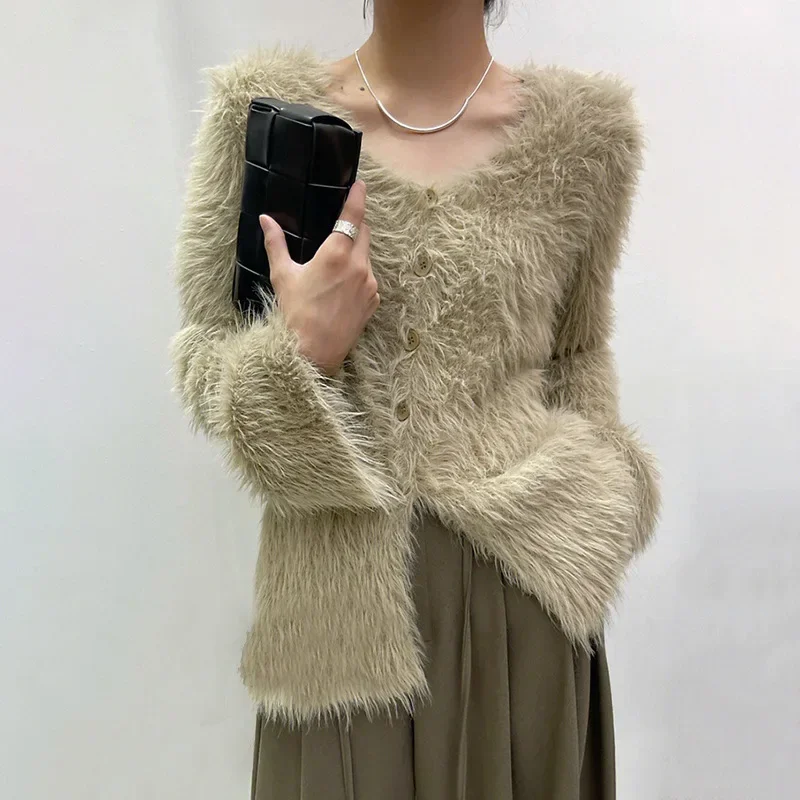 

Spring A Luxury Knit Patchwork V-Neck Mink Hair Cardigan Women Loose Knitwear Autumn Chic Casual High Streetwear Lady Tops