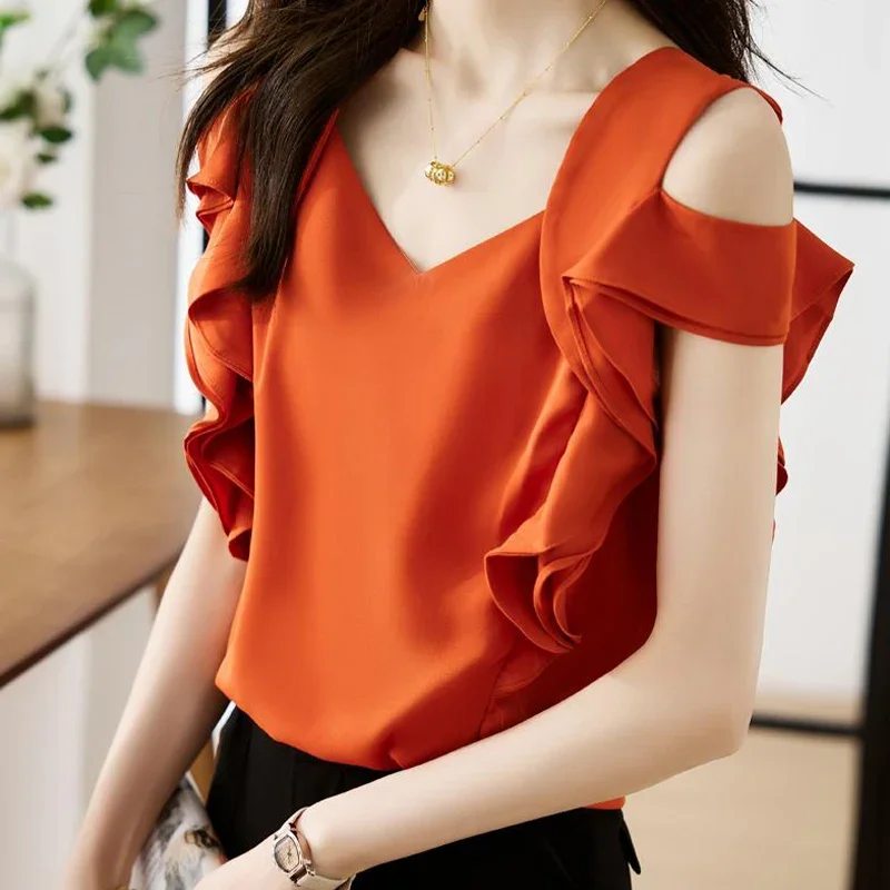 

Women Solid Elegant Ruffles Chiffon Blouses Summer Casual Loose Sleeveless V-neck Shirts Fashion Simple Flying Sleeve Tops