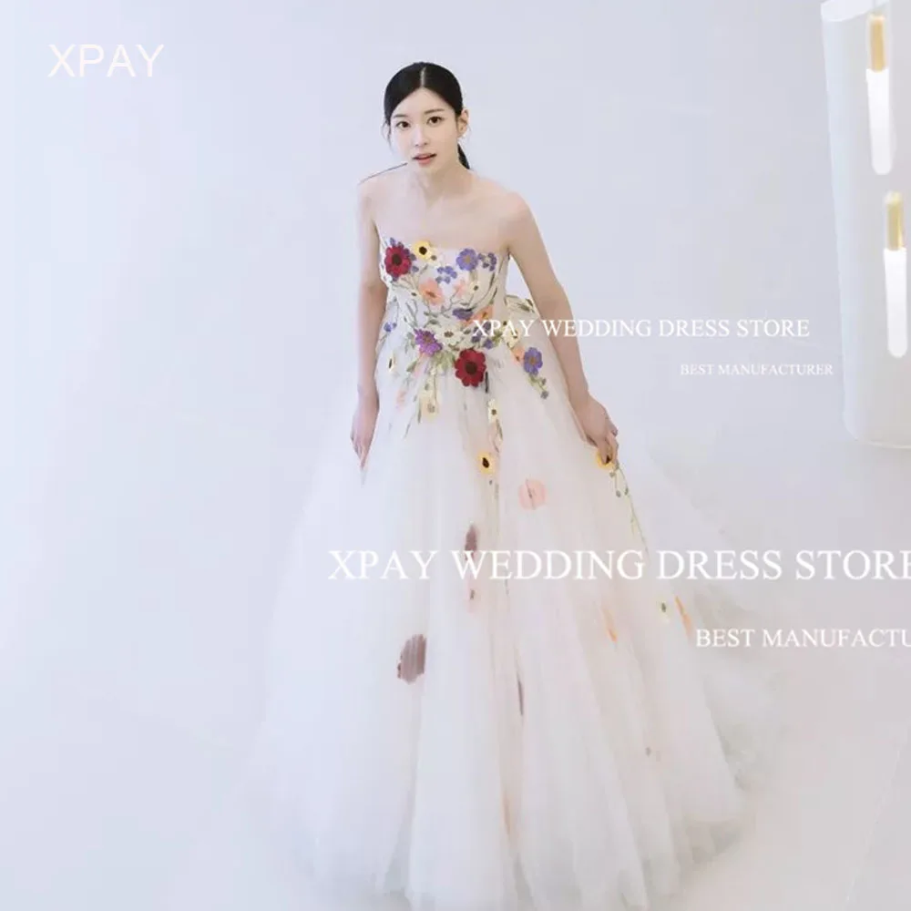 

XPAY Princess Strapless Korea Evening Dress 3D Lace Appliques Wedding Photo Shoot Prom Gowns Tulle Corset Formal Party Dress