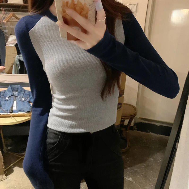 

Raglan Long Sleeve T-shirt for Women 2023 Spring and Autumn American Color Contrast Tight Short Cotton Bottom Top for Women