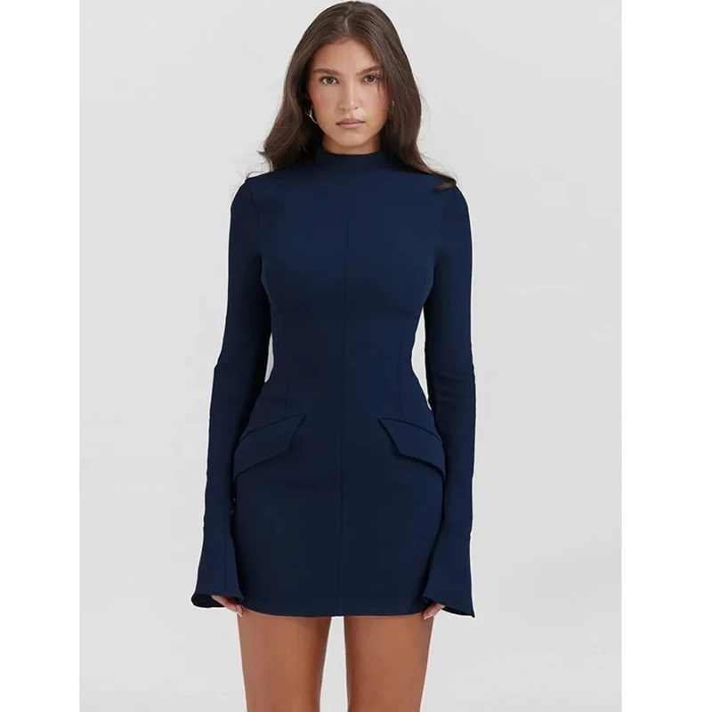 Dresses Elegant Dark Blue Solid High Waist Mini Dress Women Fashion Pocket Decora Long Sleeve Chic Party Club Robes
Dresses Elegant Dark Blue Solid High Waist Mini Dress Women Fashion Pocket Decora Long Sleeve Chic Party Club Robes
