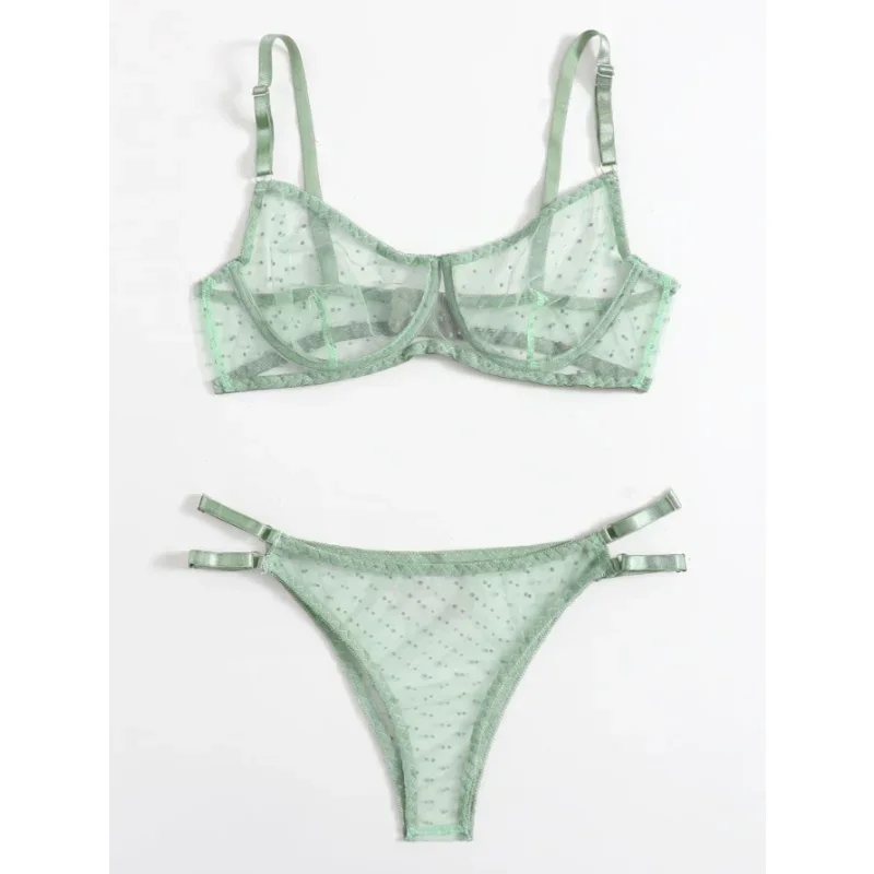 

Dot Mesh Lace Lingerie Set Underwire See Through Brassiere Sexy Underwear Bra and Panty Transparent Intimate