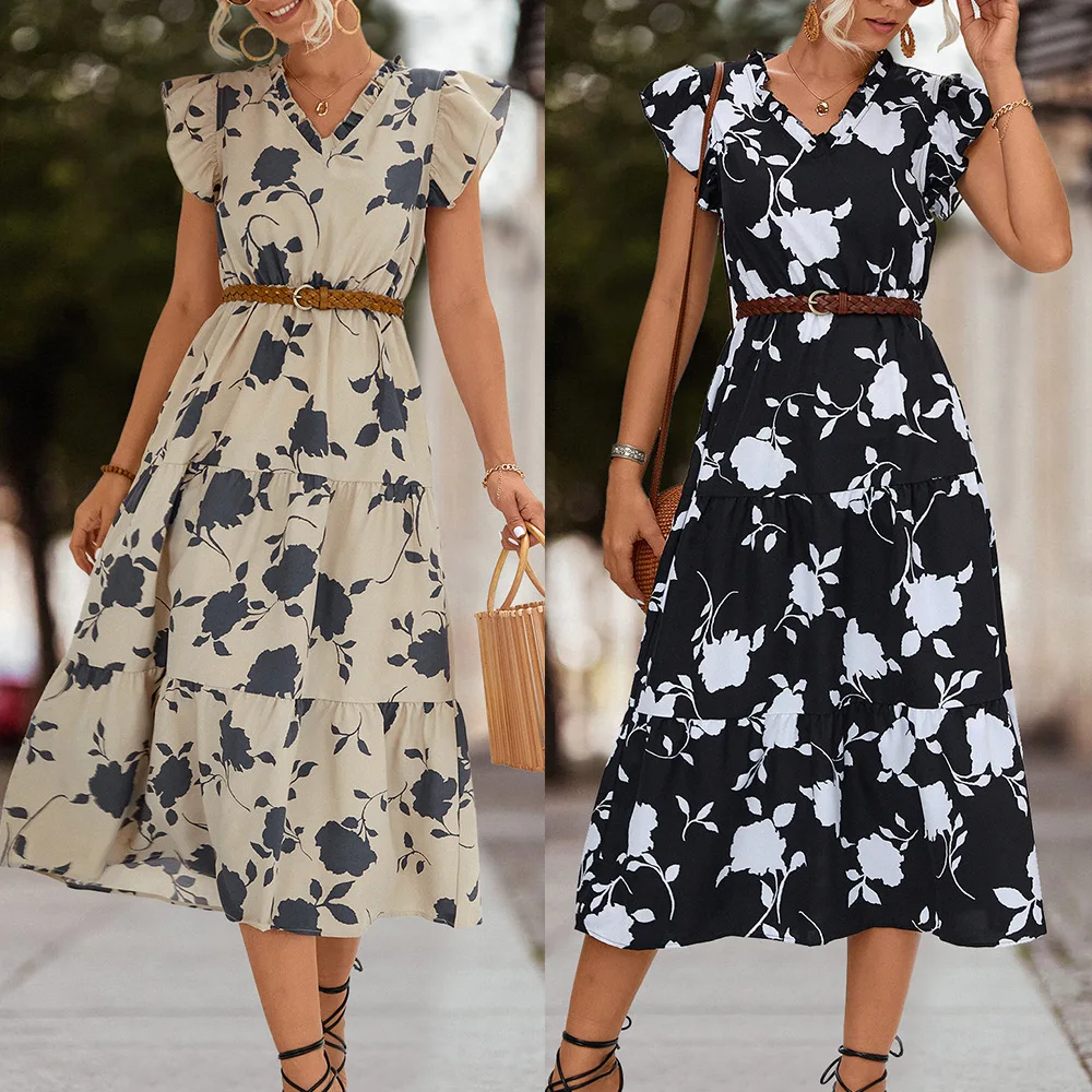 Fashion Women's Spring/Summer V-neck Printed Flying Sleeve Dresses Elegant Women's Sleeveless High Waist Loose Fitting Vestidos
Fashion Women's Spring/Summer V-neck Printed Flying Sleeve Dresses Elegant Women's Sleeveless High Waist Loose Fitting Vestidos
