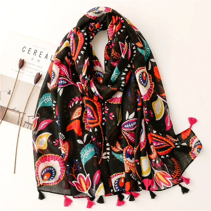 

Autumn Fashion Brand Bohemian Ethnic Floral Tassel Viscose Shawl Scarf Lady Soft Pashmina Hijabs and Wraps Bufandas Muslim Sjaal