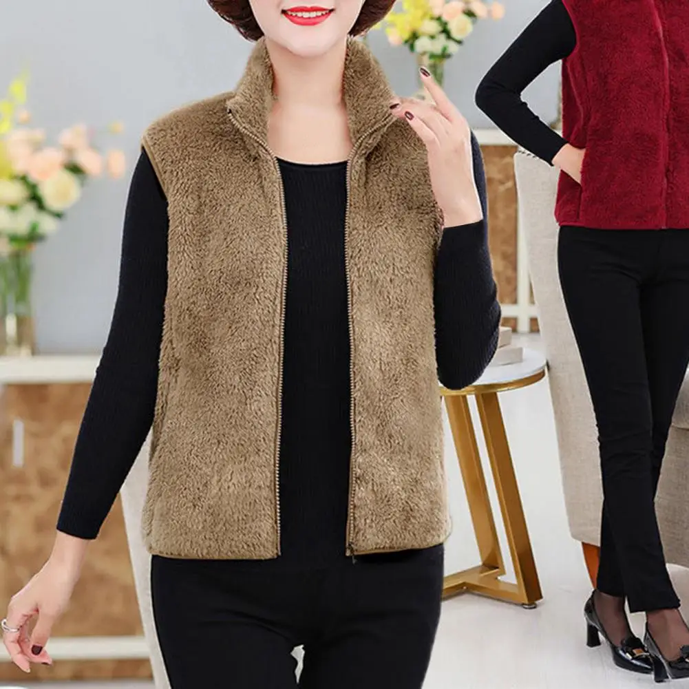 

Women Insulated Zippered Waistcoat Mid-aged Women's Plush Sleeveless Vest Coat with Stand Collar Zipper Closure Neck for Fall