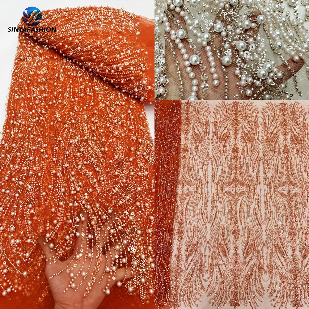 

Sinya Orange Super Heavy Handmade Sequins Pearls Beads African Nigerian French Mesh Bridal Groom Luxury Beaded Lace Fabric Gold